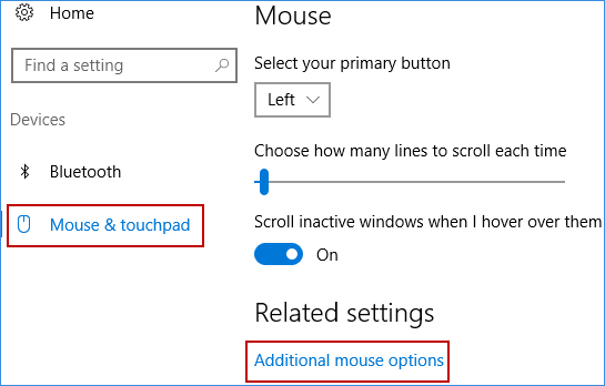 haga clic en Opciones adicionales del mouse