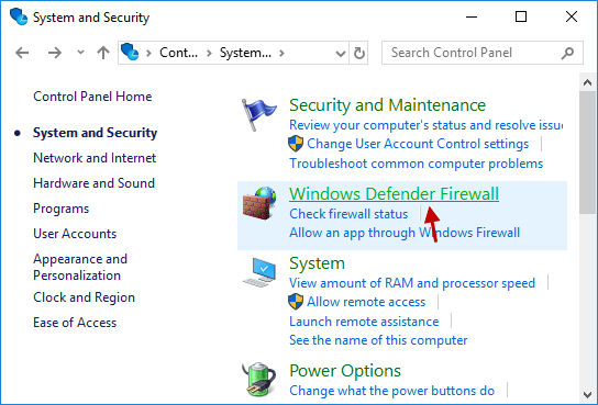 click Windows Defender Firewall