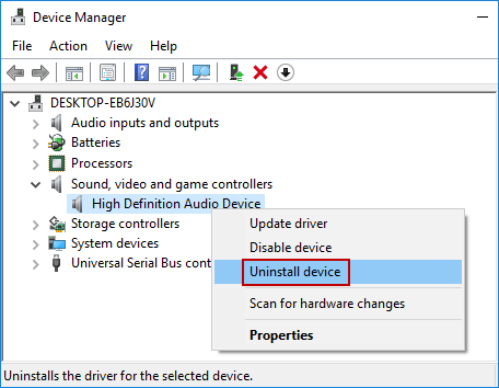 select Uninstall device option