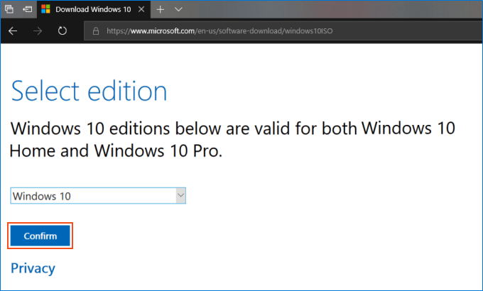 Seleccione la versión de Windows 10