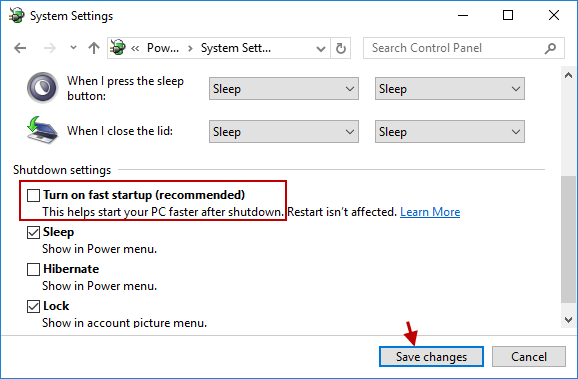 uncheck turn on fast startup