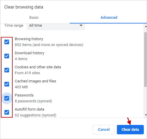 click Clear data button