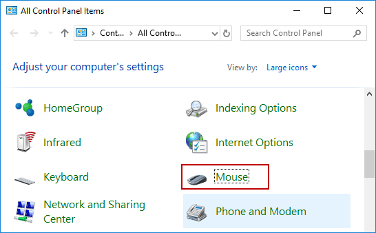 haga clic en la opción Mouse