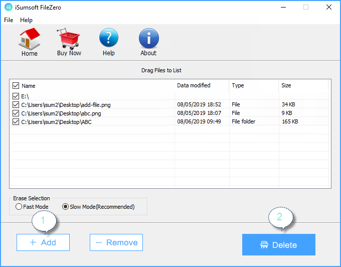 Delete files and folders using FileZero