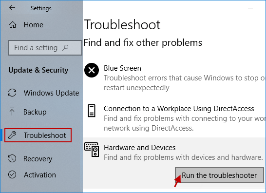 Run Hardware and Devices troubleshooter