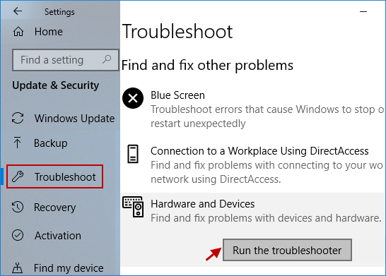 Run Hardware and Devices troubleshooter