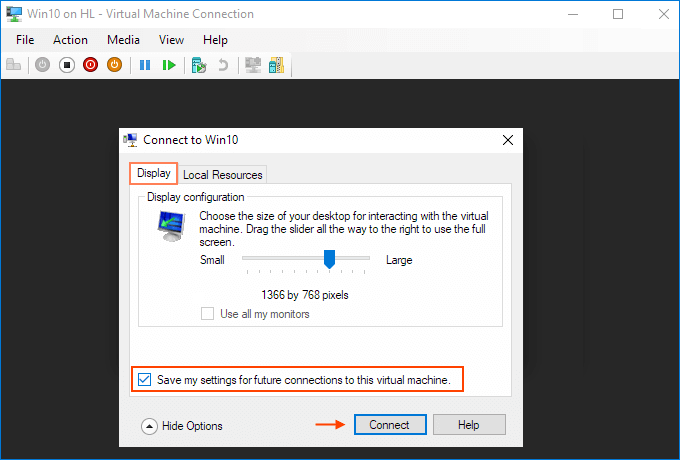 save settings for future connections to this virtual machine