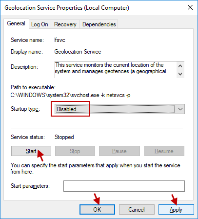 set Startup type to Disabled