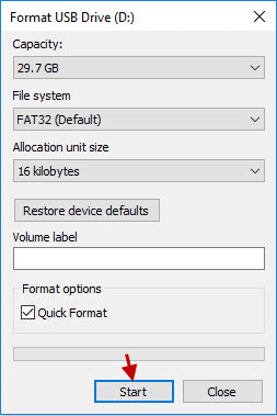 start formatting USB drive