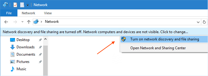 Turn on network discovery and file sharing