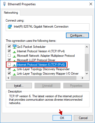 uncheck Internet Protocol Version