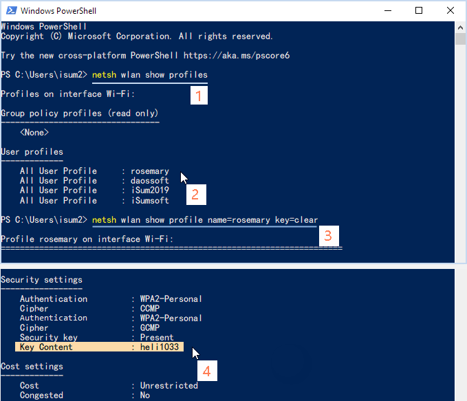 Check wireless network security keys with command