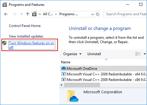 turn windows features on or off