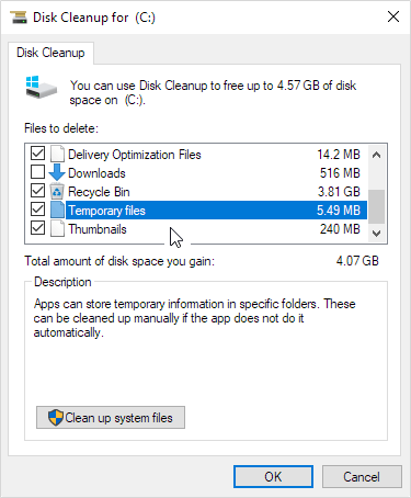 Delete temporary files in disk cleanup