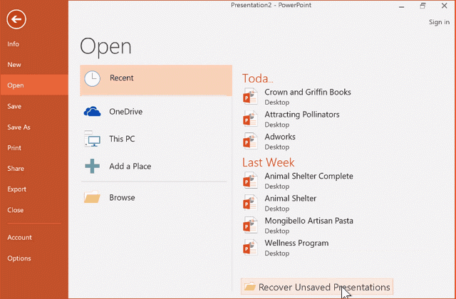open recent unsaved ppt