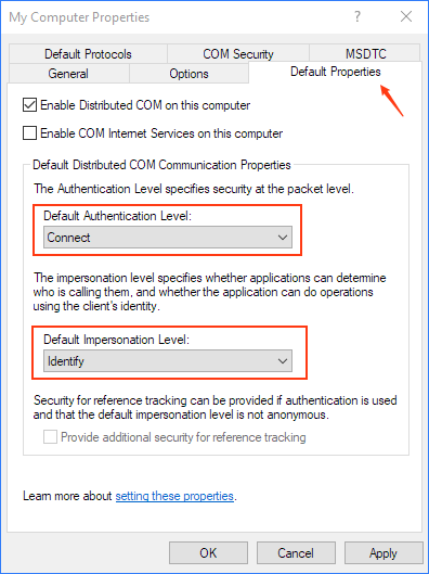 Set component security settings back to the default settings