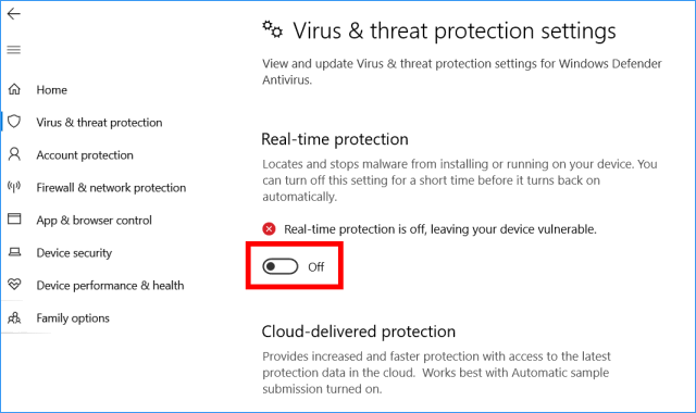 Temporarily turn off Windows Defender Antivirus