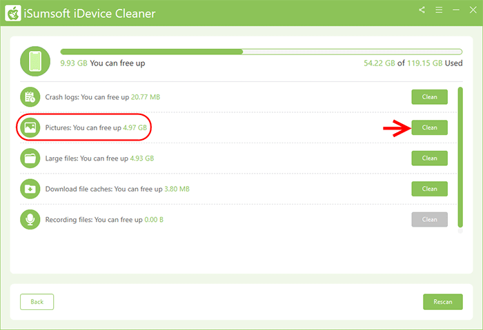 click Clean next to Pictures