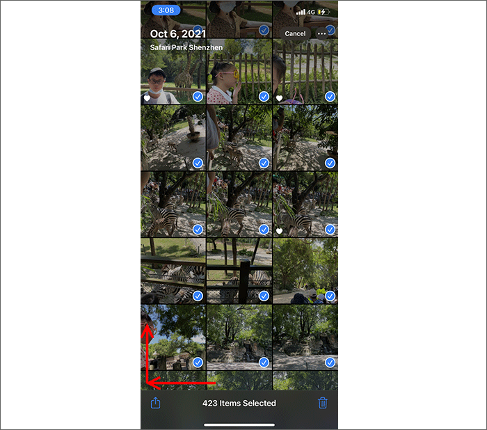 drag finger to select all photos